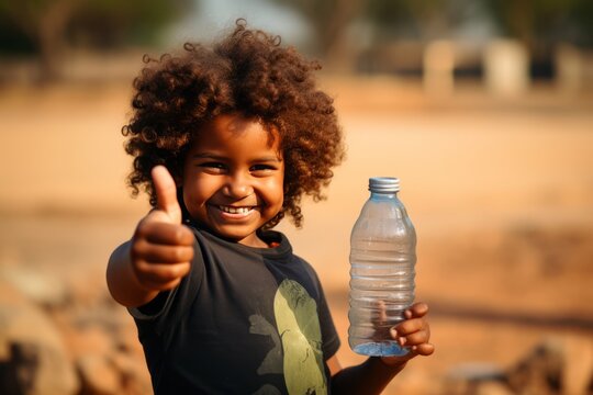 African Child Holding Empty Water Bottle Amidst Drought