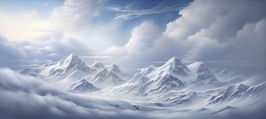 Breathtaking landscape  view over the most amazing mountain range valley with high snow covered peaks - frigid cold winter white clouds far into the distant horizon - idyllic dreamlike natural beauty.