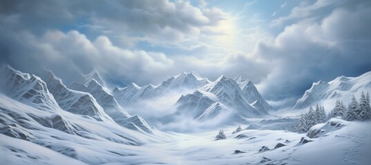 Breathtaking landscape  view over the most amazing mountain range valley with high snow covered peaks - frigid cold winter white clouds far into the distant horizon - idyllic dreamlike natural beauty. - obrazy, fototapety, plakaty