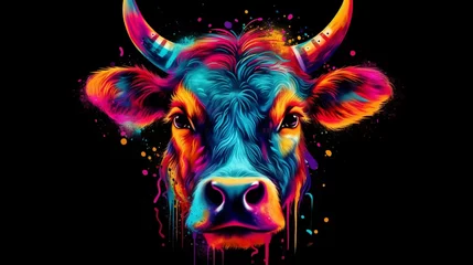 Foto auf Acrylglas Aquarellschädel psychedelic portrait art of a cow black background.Generative AI