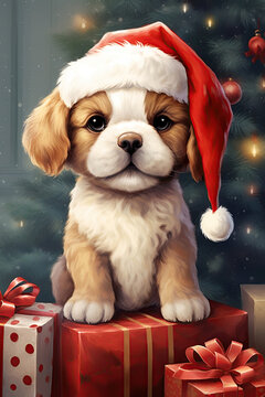 Cute puppy wearing Santa's hat with Christmas presents. Generative Ai