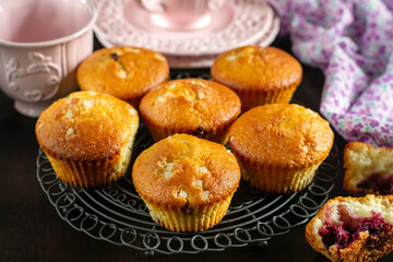 Homemade sweet fruit muffins with blackcurrant - 686717550