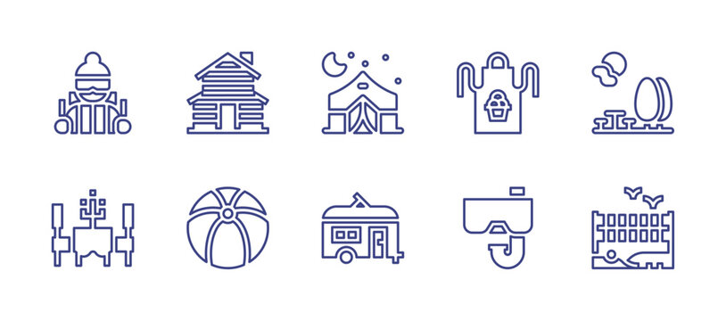 Holiday line icon set. Editable stroke. Vector illustration. Containing wooden house, apron, ball, snorkel, hiking, restaurant, caravan, beach volleyball, camping tent, rest area.