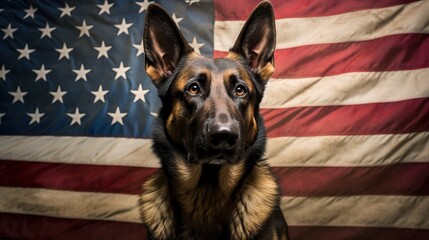 A german shepherd in front of the american flag, Generative AI - obrazy, fototapety, plakaty