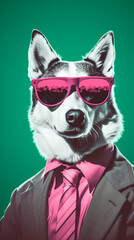 husky dog surreal scene, art school poster style, emerald golden pink created with Generative Ai