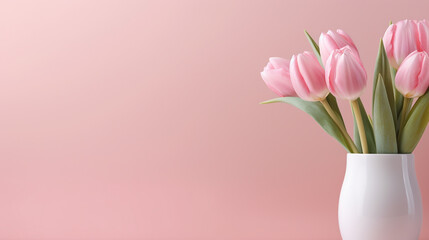 Pink color banner, pink tulips in a white vase, generative AI