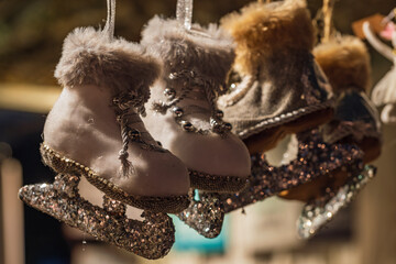 Close-up of ice skates as a souvenir from the Christmas market