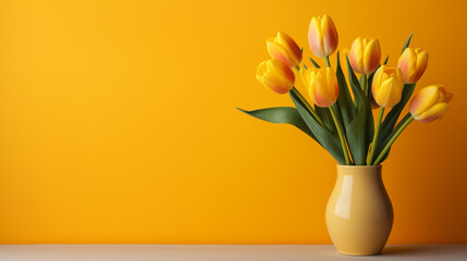 Yellow tulips in vase on yellow background, generative AI