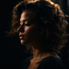 Side view of dark portrait of a woman on black background