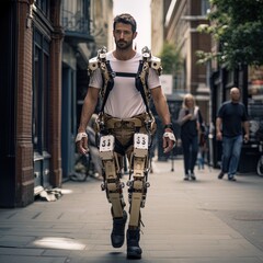 Fototapeta na wymiar Man wearing high tech exoskeleton. Great for stories on robotics, workforce, futuristic healthcare, bionics, exosuit and more. 