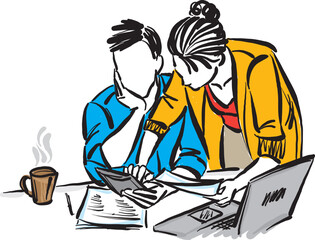 couple man and woman paying bills concept working together with laptop computer vector illustration