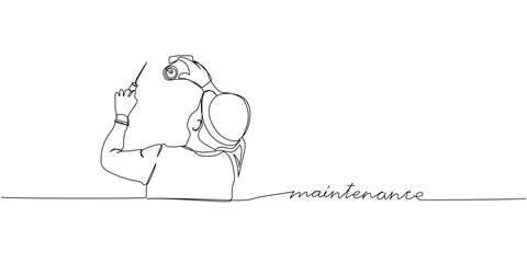 Electrician, maintenance in work uniform one line art. Continuous line drawing of repair, professional, hand, people, concept, support with inscription, lettering, handwritten.