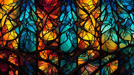 colorful stained glass background with the motif of trees and branches - obrazy, fototapety, plakaty