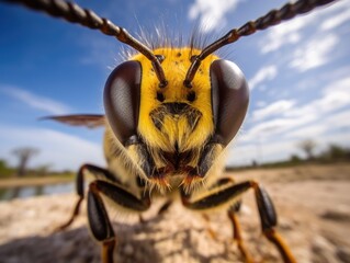 Close-up of a wasp's head with antennae antennae, large eyes and legs looking into the camera. Nature background. Illustration for cover, card, postcard, interior design, decor or print.