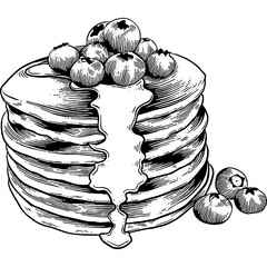 Hand drawn Pancake with Blueberries Sketch Illustration - obrazy, fototapety, plakaty