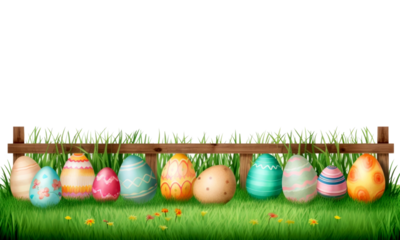 A collection of painted easter eggs celebrating a Happy Easter template with a wooden bench to place products with green grass and transparent background 