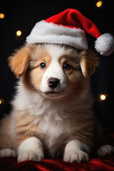 Fototapeta na wymiar Cute puppy of Australian Shepherd in Santa Claus hat on black background.