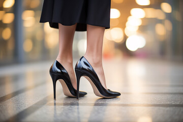 Woman's feet in elegant black high heel shoe son street - obrazy, fototapety, plakaty