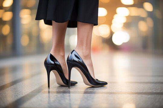 Woman's feet in elegant black high heel shoe son street