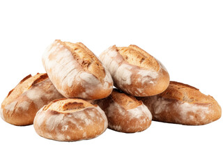 A collection of traditional fresh crusty baked white loaves of bread isolated on transparent background