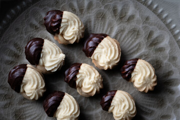 Shortbread cookies, gluten-free, sugar-free, marzipan filling, dipped in chocolate (with coconut blossom sugar); homemade