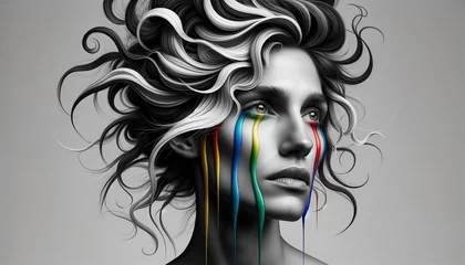 Fotobehang Emotions in monochrome. A vivid cascade of colored tears on a thoughtful visage © koldunova
