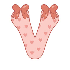 Letter V ribbon pink valentine alphabet heart love sweet vintage retro groovy . for birthday party ,baby shower ,event, promo, logo, banner, monogram and poster. Typeset design.
