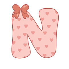 Letter N ribbon pink valentine alphabet heart love sweet vintage retro groovy . for birthday party ,baby shower ,event, promo, logo, banner, monogram and poster. Typeset design.
