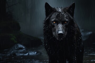 a black wolf in the dark. Ai ilustration. digital painting. Generative AI Artificial Intelligence Artwork