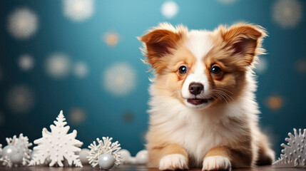 Cute little dog with christmas decoration on the blue background.