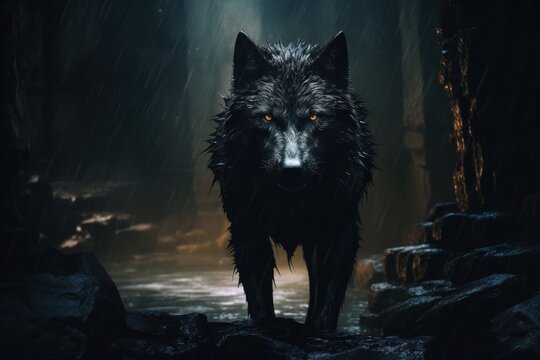 a black wolf in a cave. Ai ilustration. digital painting. Generative AI Artificial Intelligence Artwork