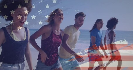 Animation of american flag over happy diverse friends walking on sunny beach