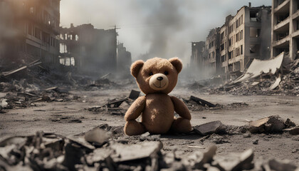 Dirty, broken children's teddy bear toy burnt over city destruction of a post-war conflict, earthquake or fire and smoke - obrazy, fototapety, plakaty
