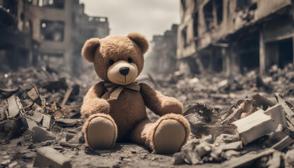 Dirty, broken children's teddy bear toy burnt over city destruction of a post-war conflict, earthquake or fire and smoke