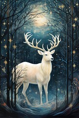 White Stag in the forest at night. Vintage Christmas postcard design. Ai Generative