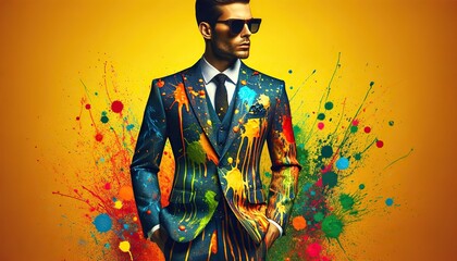 Fototapeta premium Modern suit splashed with colors evokes a festive spirit in a bold fashion statement