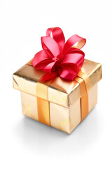 Obraz premium gold present box with red bow isolated on transparent background cutout