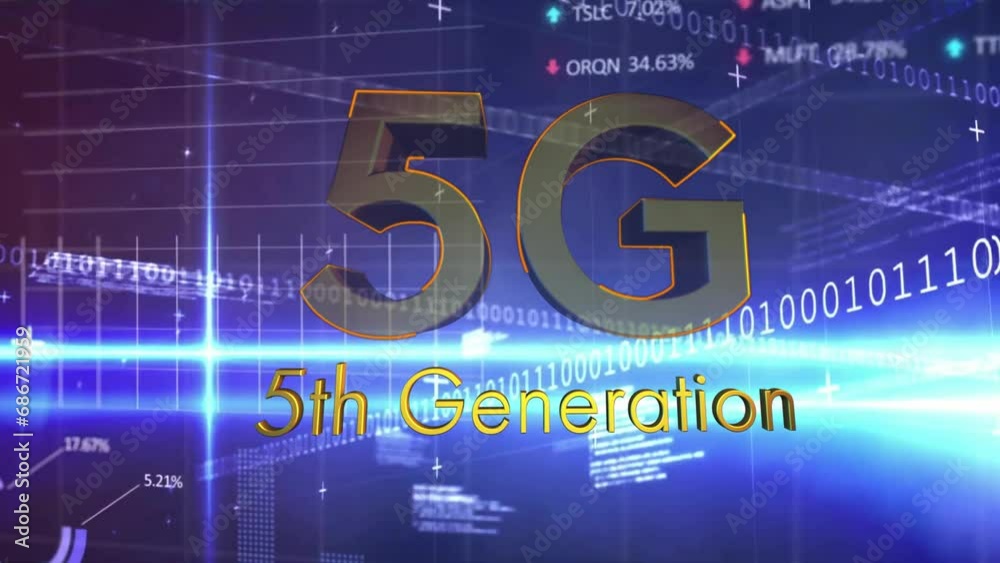 Poster animation of 5g text and data processing over dark background