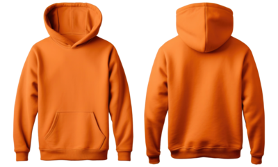 Blank orange hoodie in front and back view, mockup, isolated on transparent background