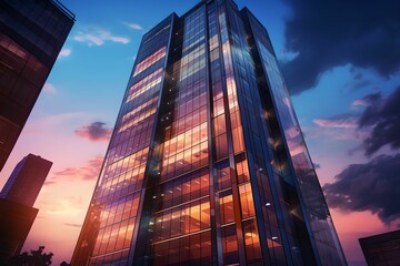Illuminated Glass Facade at Twilight, skyscraper, evening sky, modern, architecture