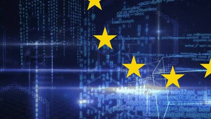 Animation of flag of eu over data processing - Powered by Adobe