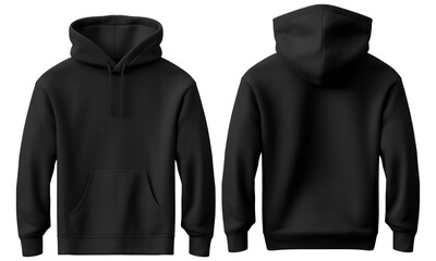 Blank black hoodie in front and back view, mockup, isolated on transparent background