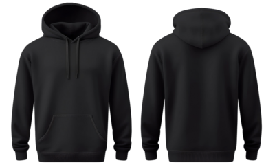 Blank black hoodie in front and back view, mockup, isolated on transparent background