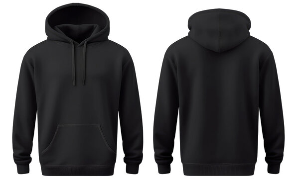 Blank black hoodie in front and back view, mockup, isolated on transparent background