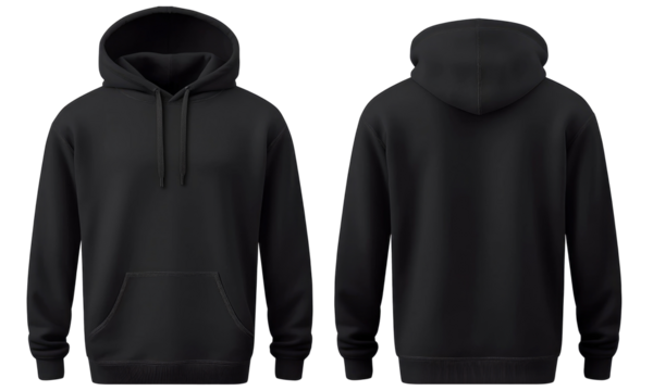 Blank black hoodie in front and back view, mockup, isolated on transparent background