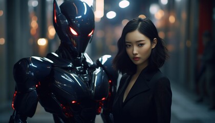 A woman stands confidently with her advanced robotic bodyguard in a neon city - obrazy, fototapety, plakaty