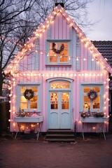 Obraz na płótnie Canvas A quaint pink house beautifully lit with festive string lights during twilight