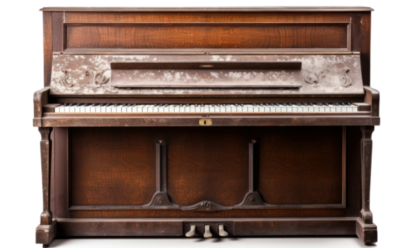 A very old brown piano, vintage isolated on transparent background