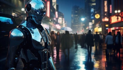 A robot stands amidst a bustling city night, illuminated by vibrant neon signs