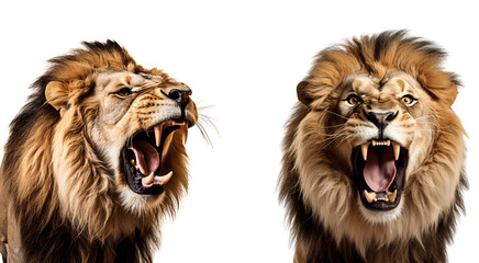 Aggressive Roaring Lion Portraits Set, The King of the Jungle, Isolated on Transparent Background, PNG - obrazy, fototapety, plakaty